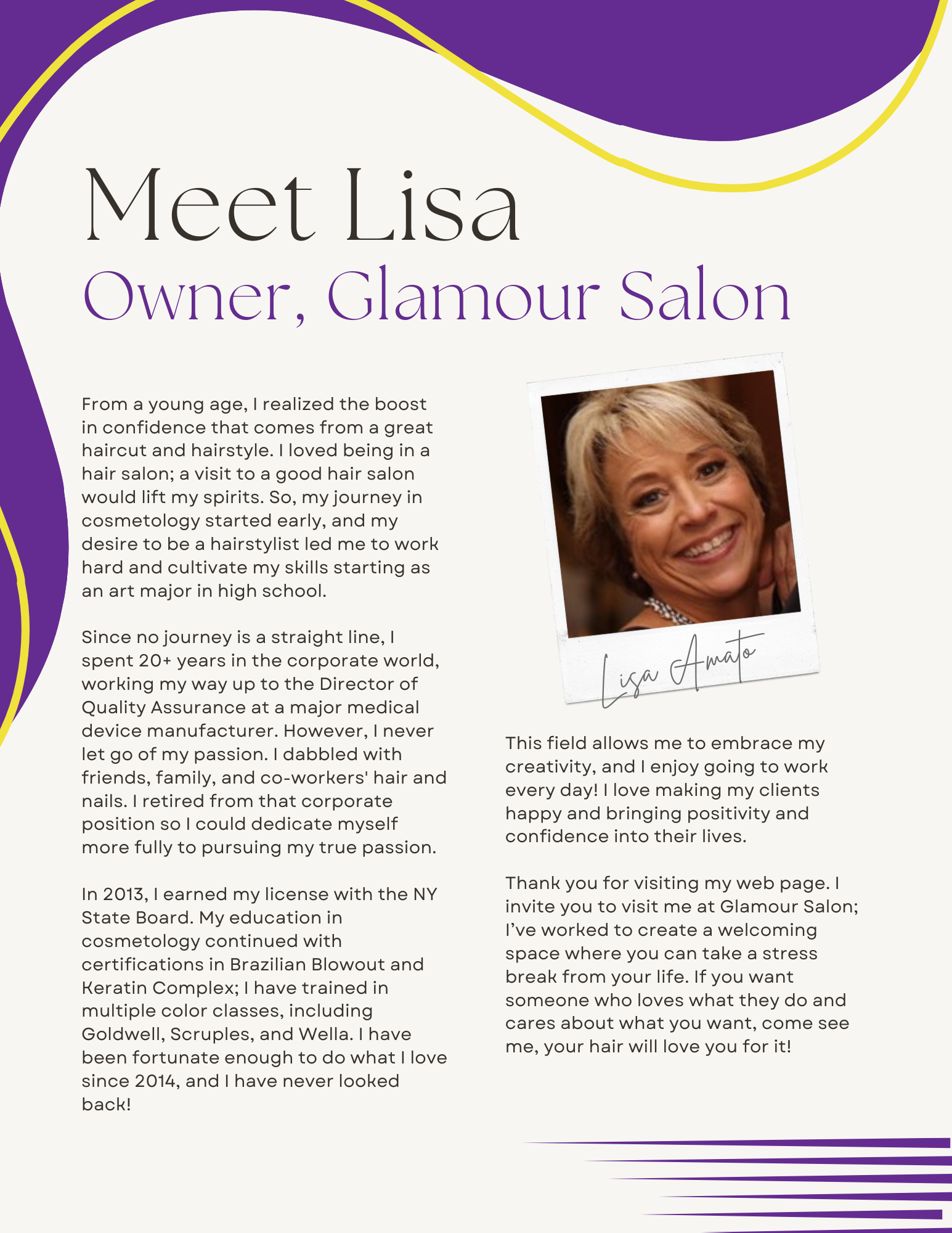 Two column bio Lisa Amato Glamour Salon NY